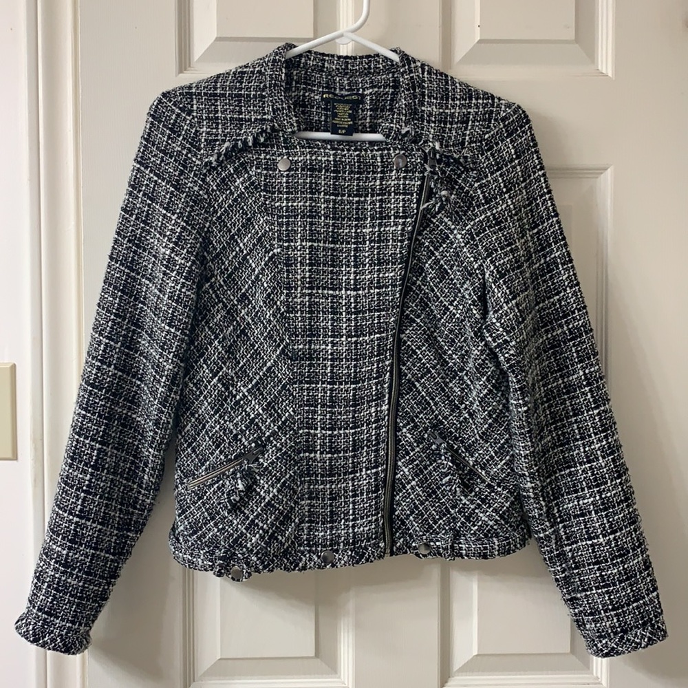🌷3 for $25🌷Request, US S, Black & White Tweed Plaid Fringe Lined Moto Jacket